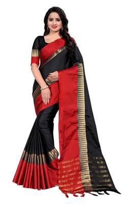 Black printed art silk saree with blouse 1