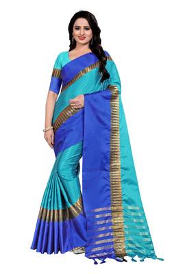 Blue printed art silk saree with blouse 1