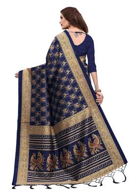 Blue printed art silk saree with blouse 3