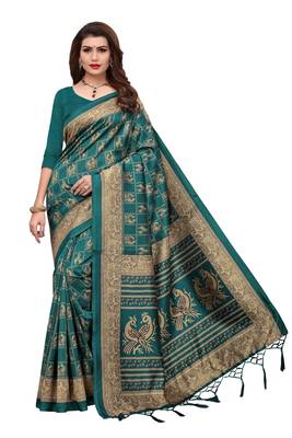 Green Printed Art Silk Saree With Blouse 1