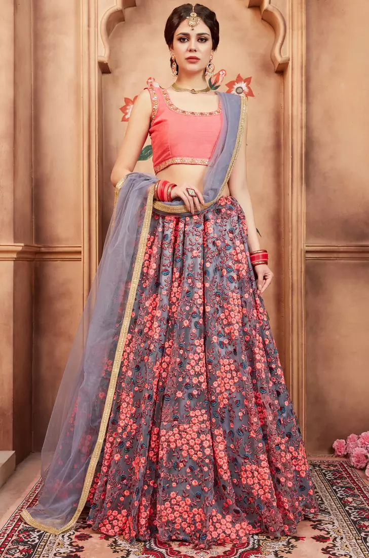Glamorous Grey Zari and Thread Embroidered Net Fabric Designer Lehenga choli for women