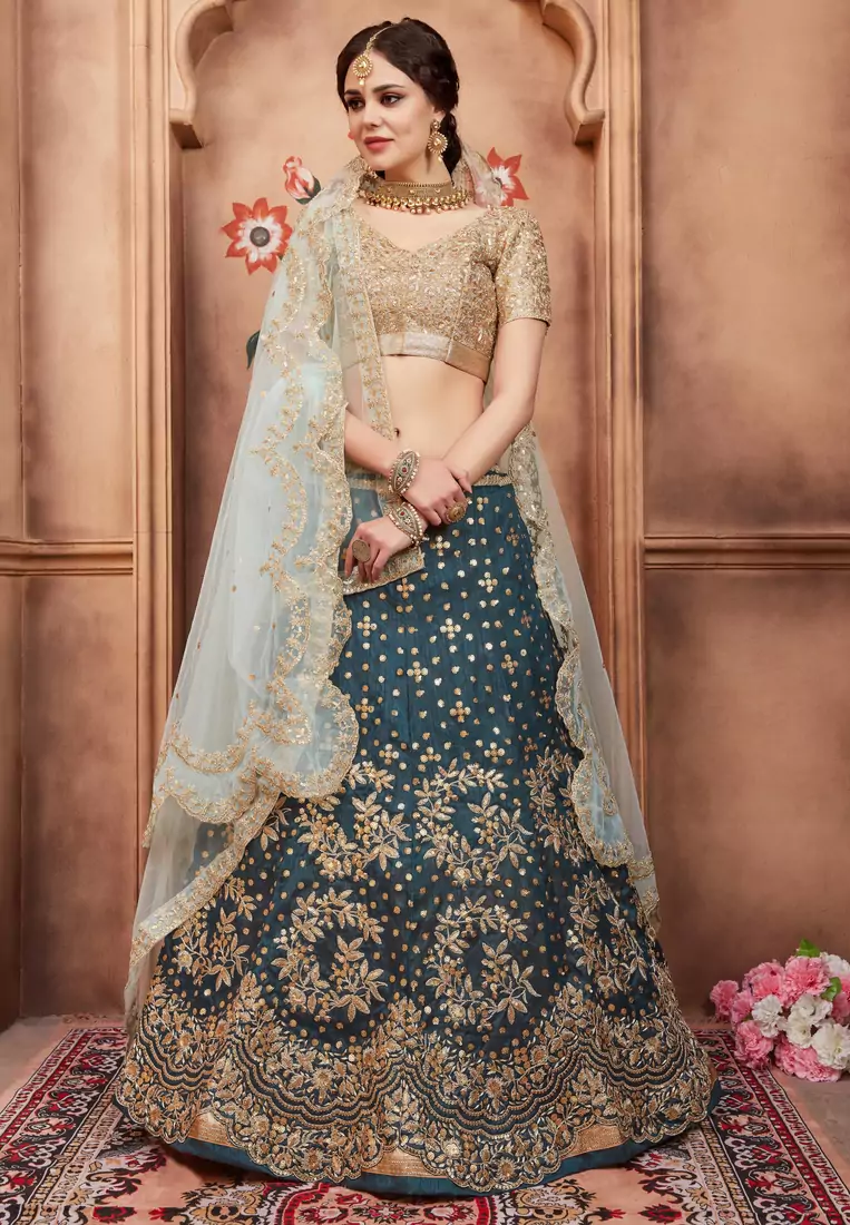 Green Dori and Sequins Embroidered Art Silk Semi Stitched bridal lehenga
