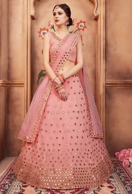 Peach zari and sequins embroidered georgette Semi Stitched Lehenga choli for wedding 1