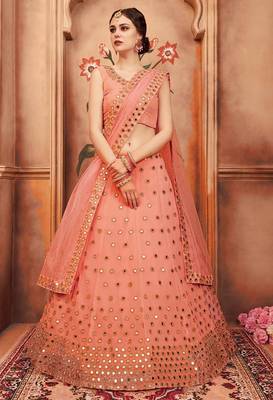 Peach zari and sequins embroidered georgette Semi Stitched Lehenga choli for wedding 1