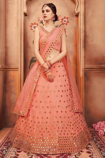 Peach zari and sequins embroidered georgette Semi Stitched Lehenga choli for wedding