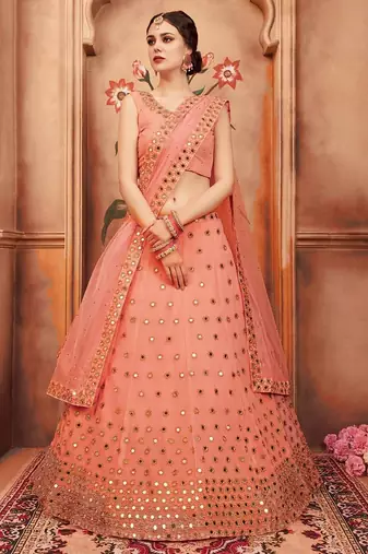 Peach zari and sequins embroidered georgette Semi Stitched Lehenga choli for wedding