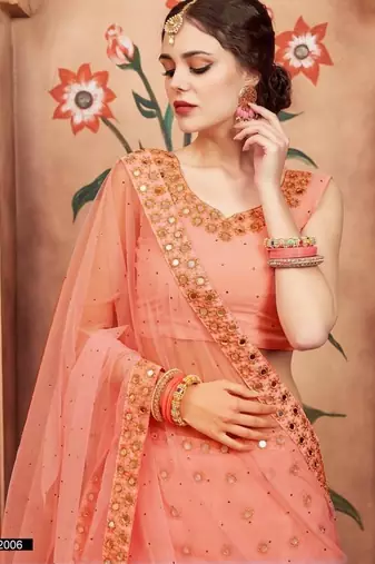 Peach zari and sequins embroidered georgette Semi Stitched Lehenga choli for wedding