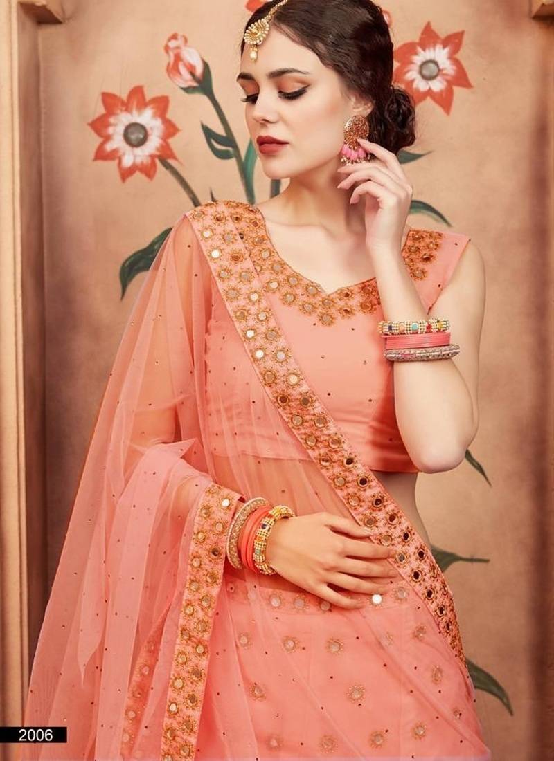 Peach zari and sequins embroidered georgette Semi Stitched Lehenga choli for wedding