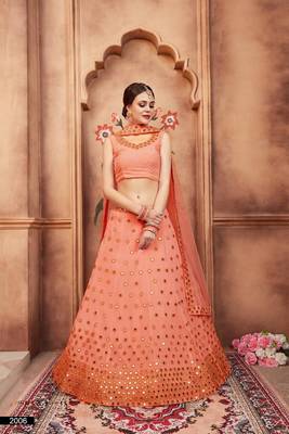 Peach zari and sequins embroidered georgette Semi Stitched Lehenga choli for wedding 3