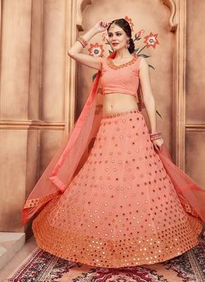 Peach zari and sequins embroidered georgette Semi Stitched Lehenga choli for wedding 4