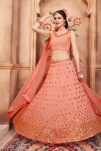 Peach zari and sequins embroidered georgette Semi Stitched Lehenga choli for wedding