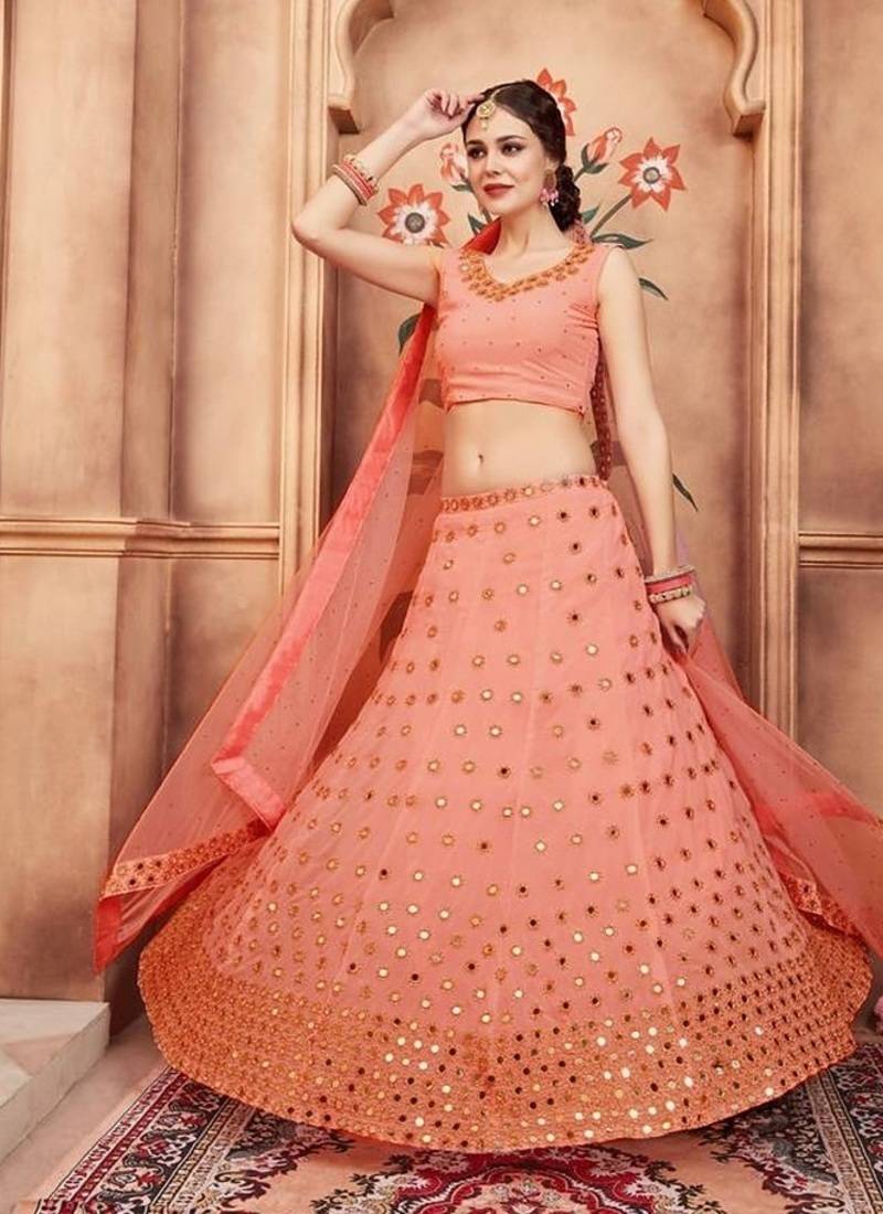 Peach zari and sequins embroidered georgette Semi Stitched Lehenga choli for wedding