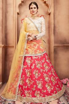 Pink, biege and Orange Thread, Zari and Sequins Embroidered Silk Semi Stitched Lehenga choli for wedding
