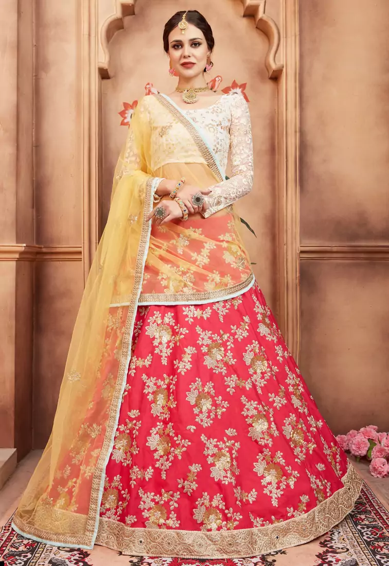 Pink Thread, Zari and Sequins Embroidered Silk Semi Stitched bridal lehenga