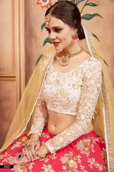 Pink, biege and Orange Thread, Zari and Sequins Embroidered Silk Semi Stitched Lehenga choli for wedding
