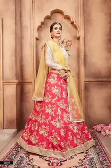 Pink, biege and Orange Thread, Zari and Sequins Embroidered Silk Semi Stitched Lehenga choli for wedding