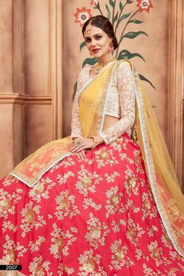 Pink biege and Orange Thread Zari and Sequins Embroidered Silk Semi Stitched Lehenga choli for wedding 4