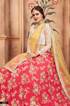 Pink, biege and Orange Thread, Zari and Sequins Embroidered Silk Semi Stitched Lehenga choli for wedding