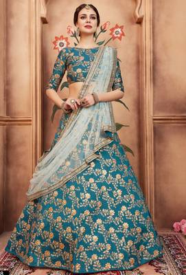 Rama Green Zari And Sequins Embroidered Art Silk Semi Stitched Ethnic Lehenga For Wedding 1