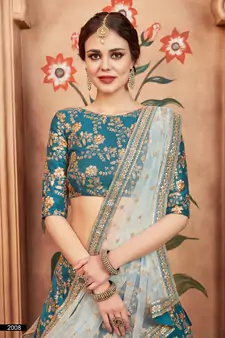 Rama Green Zari And Sequins Embroidered Art Silk Semi Stitched Ethnic Lehenga For Wedding