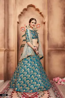Rama Green Zari And Sequins Embroidered Art Silk Semi Stitched Ethnic Lehenga For Wedding
