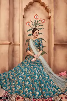 Rama Green Zari And Sequins Embroidered Art Silk Semi Stitched Ethnic Lehenga For Wedding