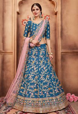 Blue Dori, Thread and Sequins Embroidered Art Silk Semi Stitched Lehenga choli for bride 1