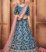 Blue Dori, Thread and Sequins Embroidered Art Silk Semi Stitched Lehenga choli for bride