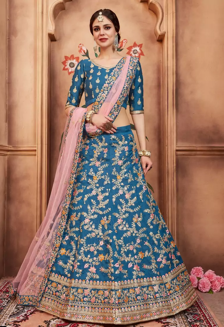 Blue Dari, Thread and Sequins Embroidered Art Silk Semi Stitched bridal lehenga