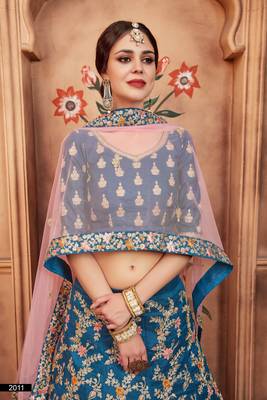 Blue Dori, Thread and Sequins Embroidered Art Silk Semi Stitched Lehenga choli for bride 2