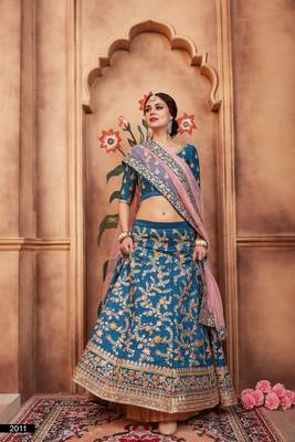 Blue Dori, Thread and Sequins Embroidered Art Silk Semi Stitched Lehenga choli for bride 3