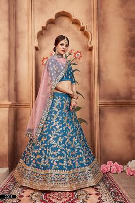 Blue Dori, Thread and Sequins Embroidered Art Silk Semi Stitched Lehenga choli for bride 4