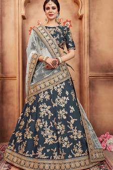 Fascinating Rama Green Gold Dori, Matte Sequins Embroidered Bangalory Silk Semi Stitched Party lehenga