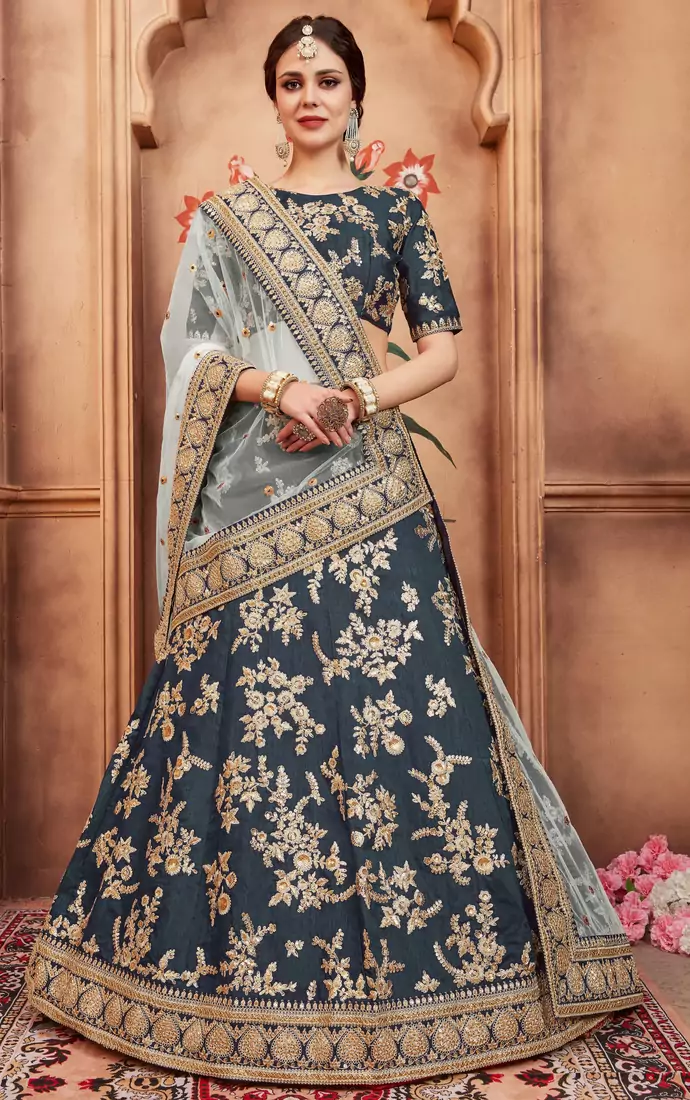 Fascinating Rama Green Gold Dori, Matte Sequins Embroidered Bangalory Silk Semi Stitched Party lehenga