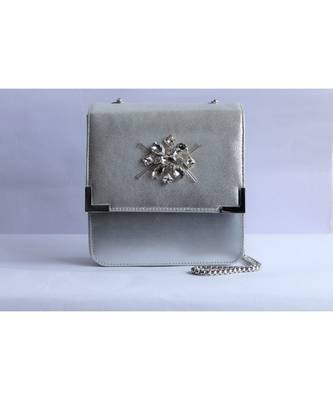 Silver Square Embroidered Clutch Sling 2