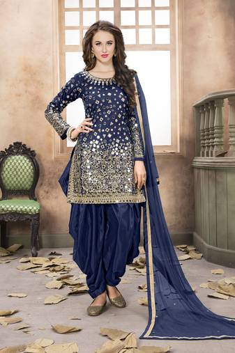 Blue Embroidered Taffeta Punjabi Salwar Suit