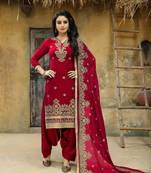 Red embroidered faux georgette salwar with dupatta
