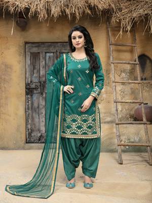 Teal embroidered taffeta salwar with dupatta 1