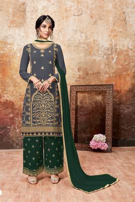 Grey embroidered faux georgette salwar with dupatta 1