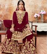 Maroon embroidered faux georgette salwar with dupatta