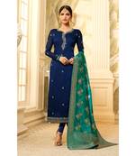 Navy Blue & Teal Satin Georgette Women's Salwar Suit With Banarasi Dupatta