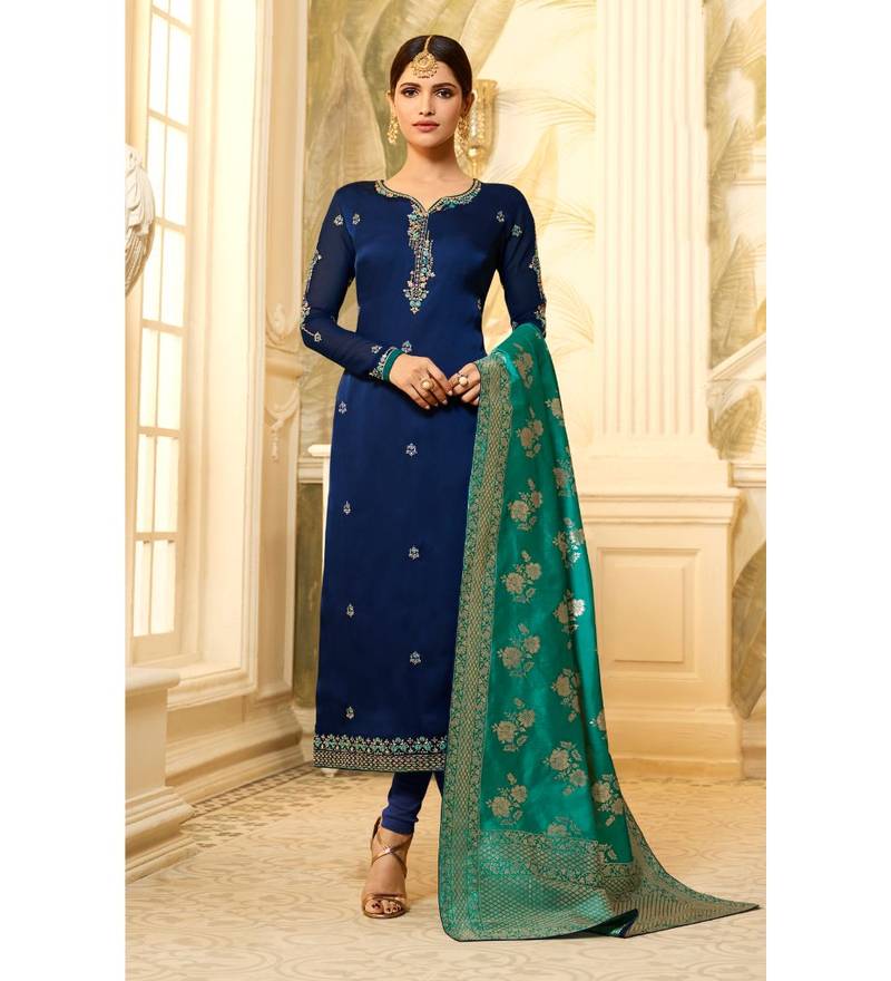 Navy Blue & Teal Satin Georgette Women's Salwar Suit With Banarasi Dupatta