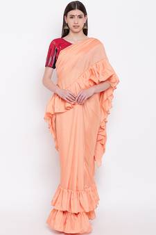 Peach Plain Silk Blend Ruffle Saree With Blouse