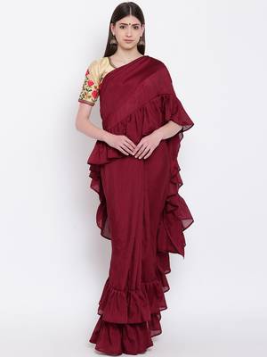 Maroon plain silk blend ruffle saree with blouse 1
