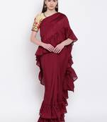 Maroon plain silk blend ruffle saree with blouse