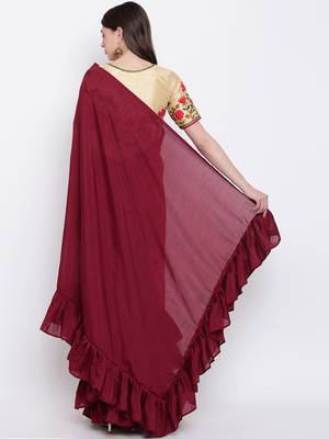 Maroon plain silk blend ruffle saree with blouse 2