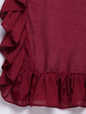 Maroon plain silk blend ruffle saree with blouse 3