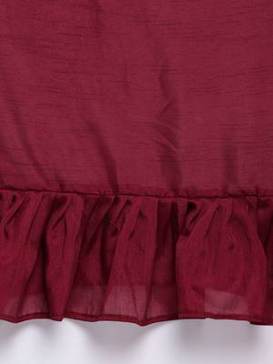 Maroon plain silk blend ruffle saree with blouse 4