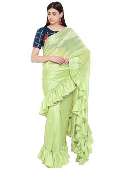 Green Plain Silk Blend Ruffle Saree With Blouse
