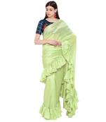 Green Plain Silk Blend Ruffle Saree With Blouse